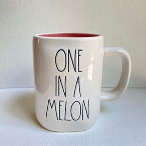 Rae Dunn One In A Melon watermelon coffee tea mug white with pink interior 16 oz
